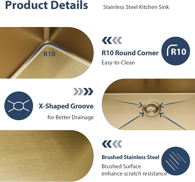 Lordear Gold Undermount Kitchen Sink 33" x 19" Stainless Steel Sinks 16 Gauge - Image 7