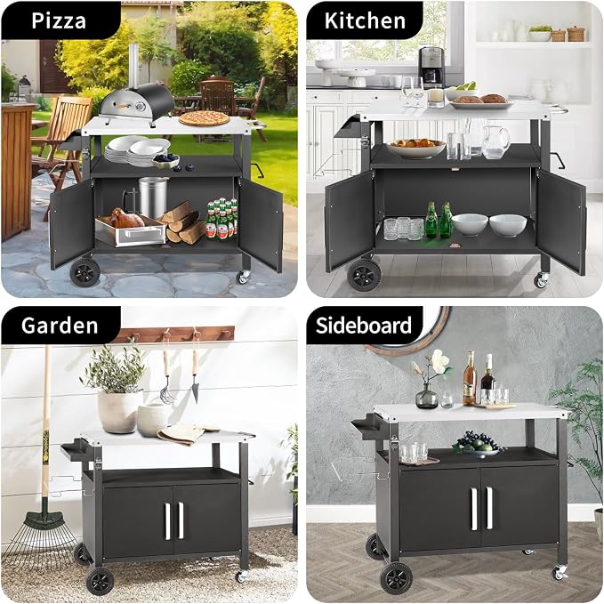 Dining Cart Table with Big Storage Cabinet, Movable Outdoor BBQ Grill Table - Image 6