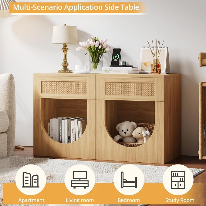 End Table with Drawer, 20 Inch Artificial Rattan Night Stand - Image 5