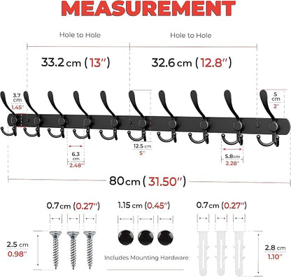 Coat Rack Wall Mount with 10 Tri Hooks, Stainless Steel 32 Inch – Black Matte - Image 2
