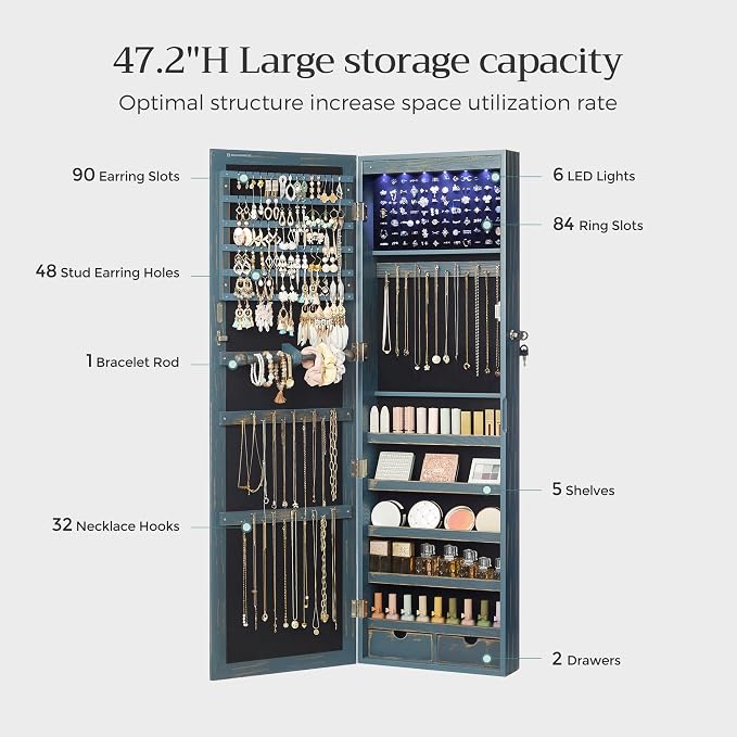 SONGMICS 6 LEDs Mirror Jewelry Cabinet, 47.2-Inch Tall Lockable Wall or Door - Image 5