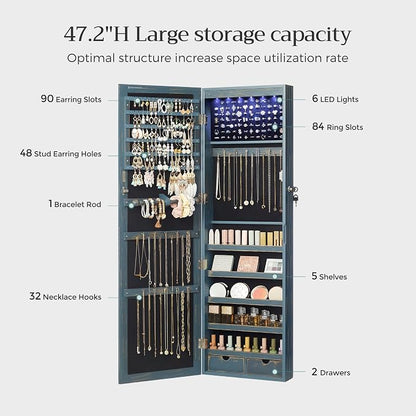 SONGMICS 6 LEDs Mirror Jewelry Cabinet, 47.2-Inch Tall Lockable Wall or Door - Image 5