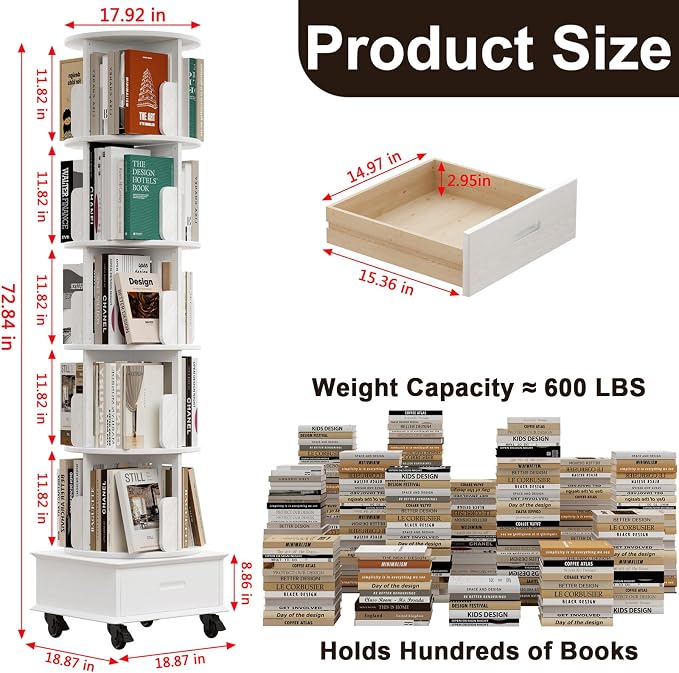 72" Solid Wood Rotating Bookshelf Tower on Wheels, 5-Tier Spinning Bookcase - Image 2