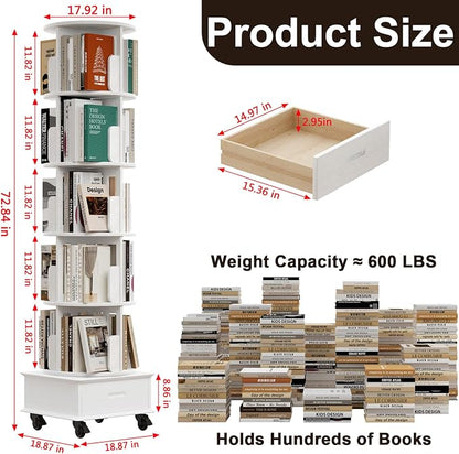 72" Solid Wood Rotating Bookshelf Tower on Wheels, 5-Tier Spinning Bookcase - Image 2