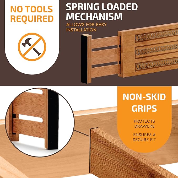 6 Pack Drawer Dividers 4 Inch High, 11”-17" Adjustable Bamboo Organizers Large - Image 4