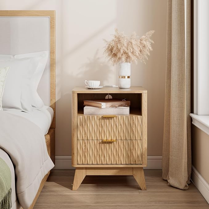 Fluted Nightstand with Charging Station, Bedside Table - Image 7