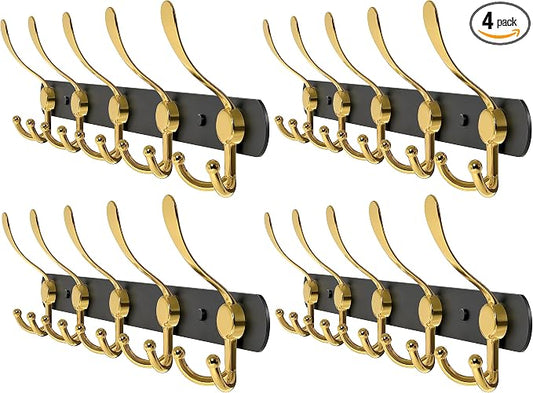Coat Rack Wall Mount with 5 Tri Hooks, Stainless Steel 16 Inch – Black & Gold by SAYONEYES