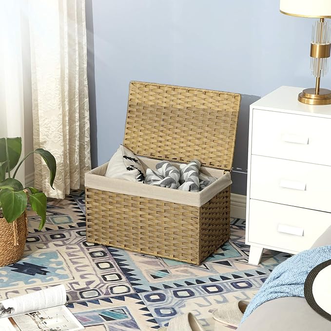 SONGMICS Storage Basket with Lid, Woven Blanket Storage Bin with Handles - Image 3