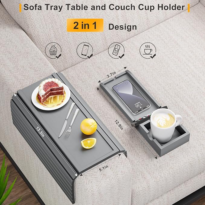 Couch Armrest Table, Sofa Arm Tray - 2 in 1 Anti-Slip Foldable Sofa Armchair - Image 2