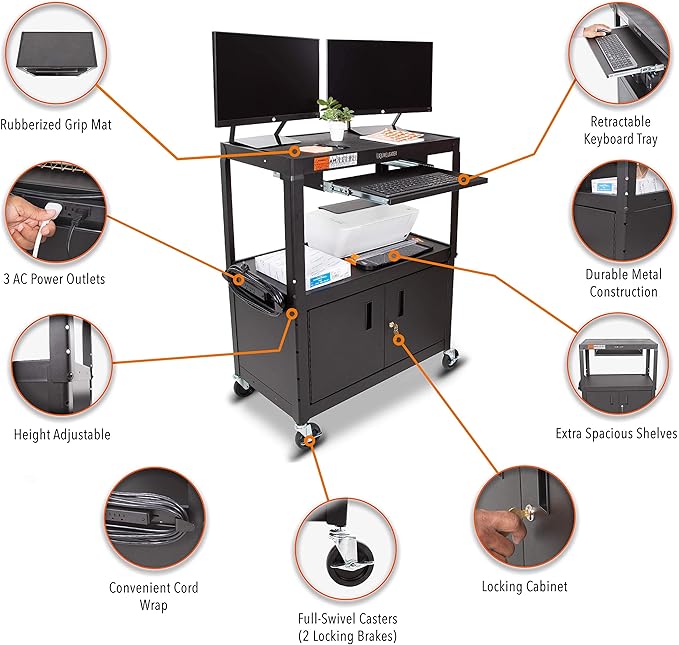 Line Leader Large AV Cart with Locking Cabinet | Height Adjustable Utility Cart - Image 2