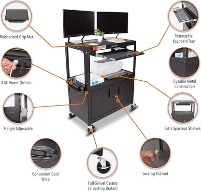 Line Leader Large AV Cart with Locking Cabinet | Height Adjustable Utility Cart - Image 2