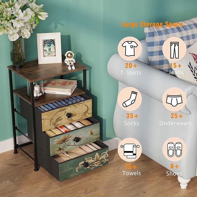 Tohomeor Nightstand with 3 Fabric Drawers Retro End Table with Storage Shelf - Image 4