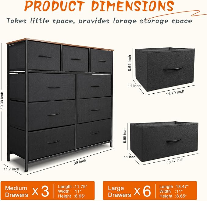 Dresser for Bedroom with 9 Drawers, Chest of Drawers, Storage Drawers Organizer - Image 3