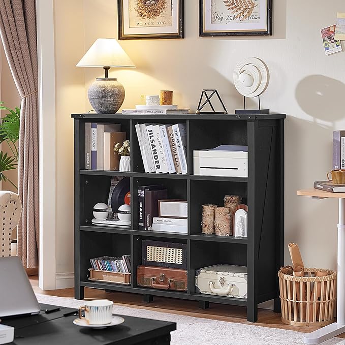 9 Cube Bookcase, Farmhouse 47 Inch Wide Black Bookshelf, Wooden 3 Tier Display - Image 2