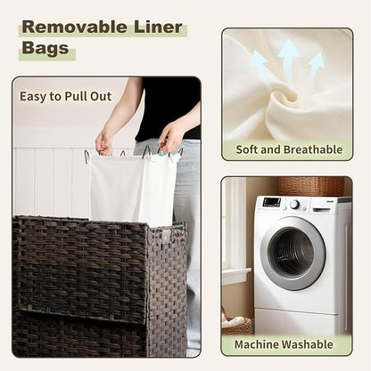 Laundry Hamper with Lid, 110L Rattan Laundry Hamper 2 Section with 50L Storage - Image 6