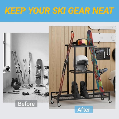 Standing Ski Storage Rack, Holds Snowboards & Skis, 3-Tier Organizer - Image 6