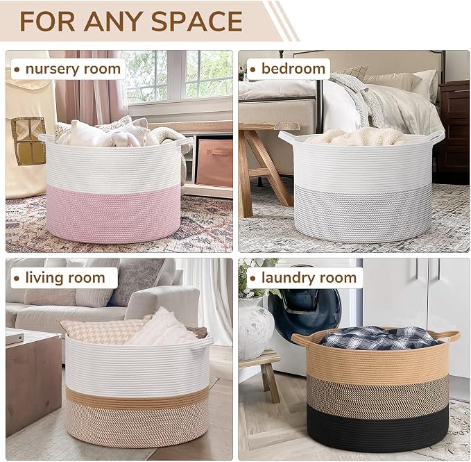 INDRESSME 115L Extra Large Cotton Rope Basket, Woven Baby laundry Blanket Basket - Image 4