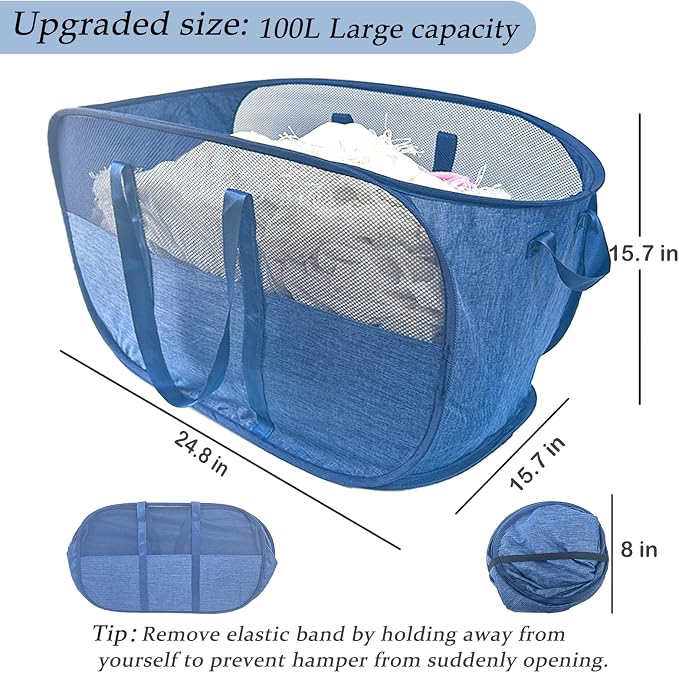 100L Collapsible Laundry Baskets 2 Pack, Extra Large Mesh Pop Up Laundry Hamper - Image 2