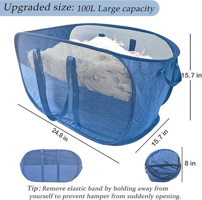 100L Collapsible Laundry Baskets 2 Pack, Extra Large Mesh Pop Up Laundry Hamper - Image 2