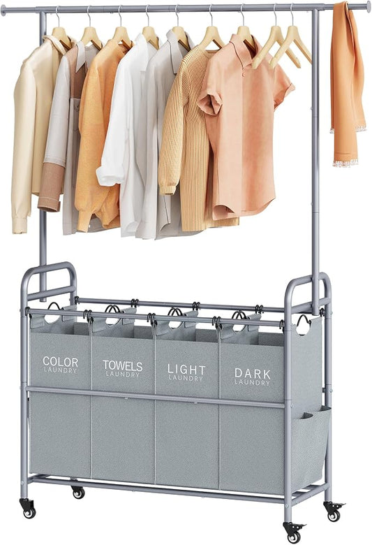 Tajsoon Laundry Sorter with Hanging Bar, 4 Section Rolling Laundry Hamper with by Tajsoon