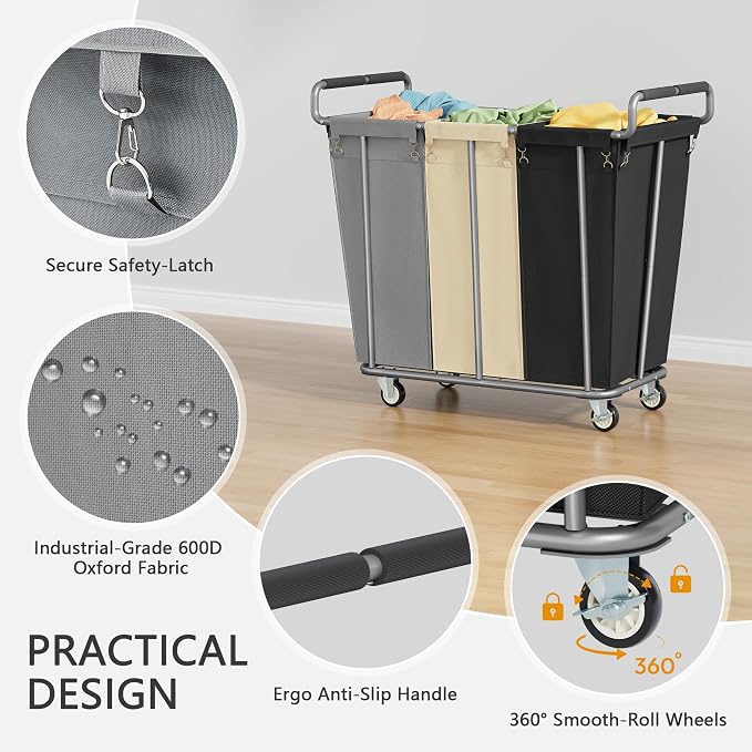 Large laundry hamper with Wheels, 360L 3 Bag Big Rolling Laundry Hamper Sorter - Image 6