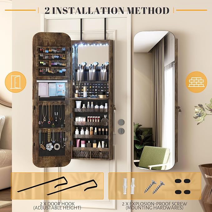 Vlsrka 47.2" LED Mirror Jewelry Cabinet, Wall/Door Mounted Full Length Mirror - Image 3