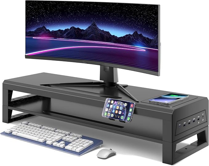 All-in-One Dual Monitor Stand Riser, 5USB Ports and WirelessCharging Pad by Unknown