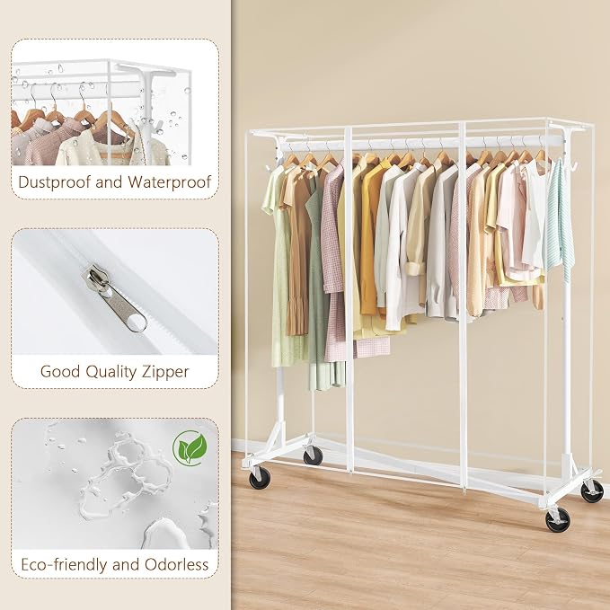 Hoctieon Z Clothes Rack with Cover, Metal Heavy Duty Clothing Rack, Rolling - Image 3