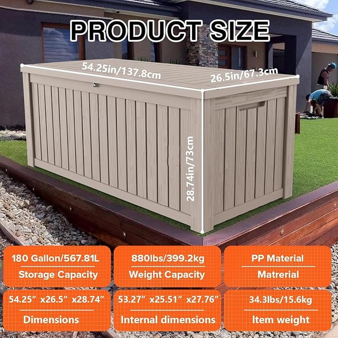 180 Gallon Resin Deck Box, Waterproof Outdoor Storage Box - Image 6