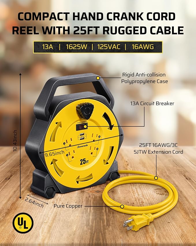 DEWENWILS Cord Reel with 4 Power Outlets, 2-USB Ports, 25FT Retractable - Image 3