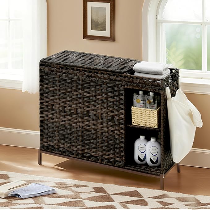 Laundry Hamper with Lid, 130L Rattan Laundry Hamper 3 Section with 50L Storage - Image 9