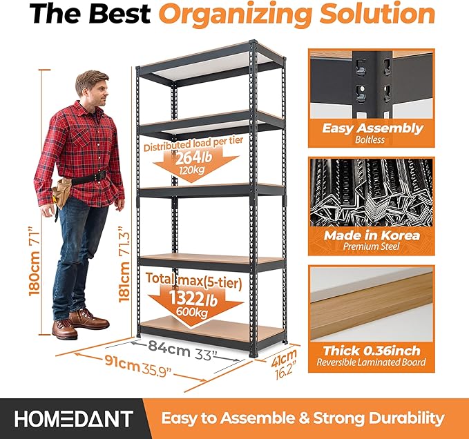 HOMEDANT 5 Tier Storage Shelves Adjustable Laminated Boltless Garage Metal - Image 2