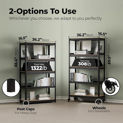 HOMEDANT House 5-Tier Metal Rolling Cart Shelf Rack Casters Heavy Duty Wheel - Image 2
