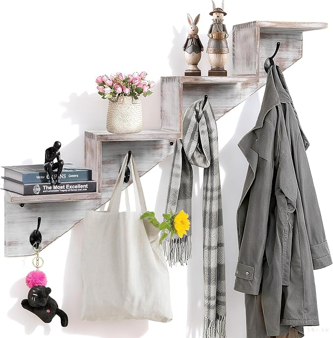 Coat Rack Wall Mount with Shelf, Wall Mounted Rise Wooden shelves by muukinghouse