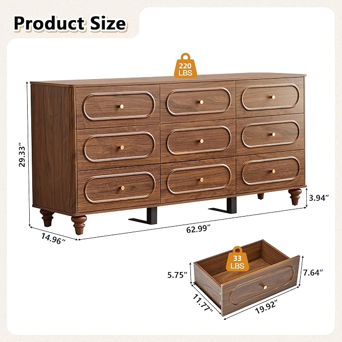 9 Drawer Fluted Dresser for Bedroom, Mid Century Modern Chest of Drawers - Image 2