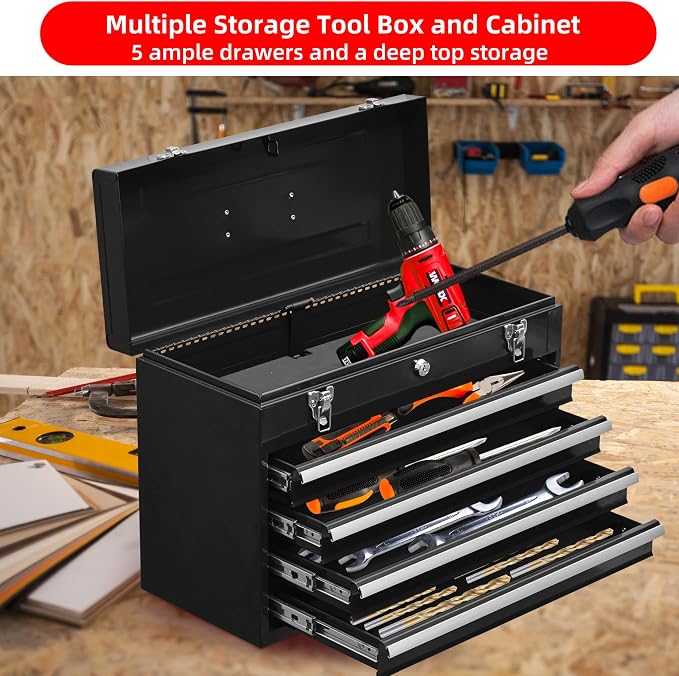 Metal Tool Box with 4 Drawers Portable Steel Tool Chest with Metal Cylinder - Image 5