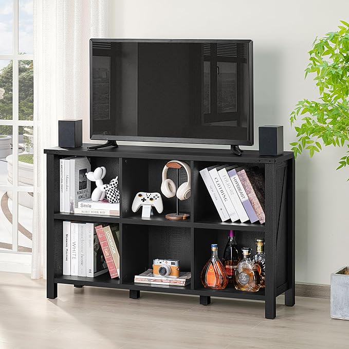 6 Cube Bookcase, Farmhouse Wood Low Storage Organizer Book Shelf, Hallway Book - Image 6