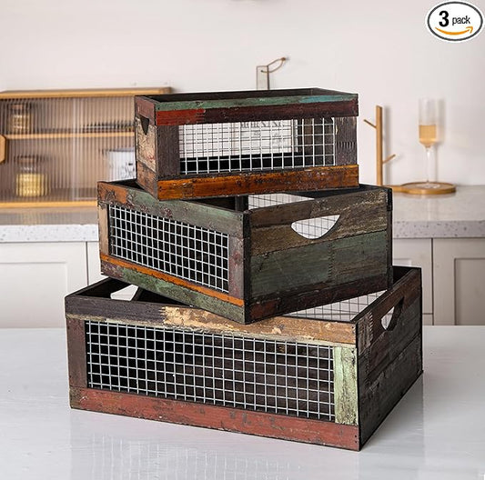 TIMRIS Set of 3 Rustic Wood Nesting Crates, Farmhouse Distressed Wooden Storage by TIMRIS