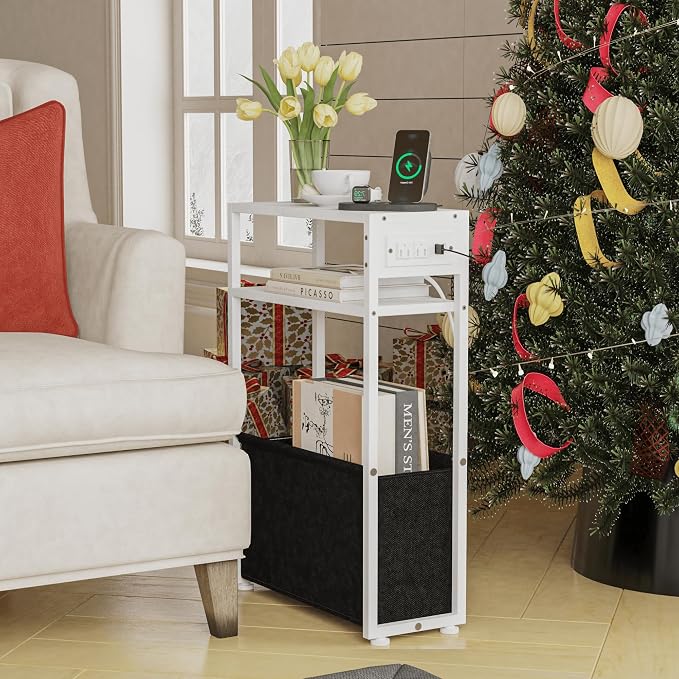 White Side Table with Charging Station, Slim End Tables with Fabric Basket - Image 7