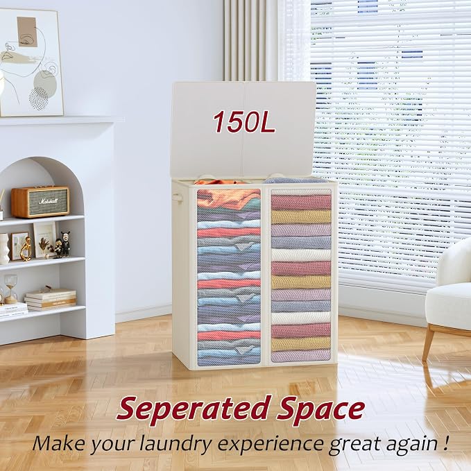 150L Laundry Hamper 2 Section, Large Laundry Hamper - Image 4