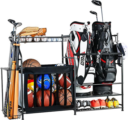 PLKOW Sports Equipment Organizer Rack, Garage Ball Rack, 2 Golf Bag Storage and by PLKOW