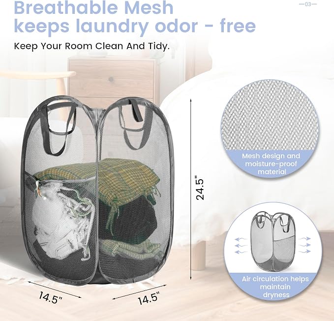 HOUSE AGAIN Mesh Popup Laundry Hamper, Collapsible Laundry Basket, Foldable Pop - Image 4