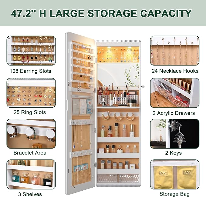 HNEBC LED Mirror Jewelry Cabinet, 47.2" Wall Mounted Jewelry Organizer - Image 5