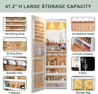 HNEBC LED Mirror Jewelry Cabinet, 47.2" Wall Mounted Jewelry Organizer - Image 5