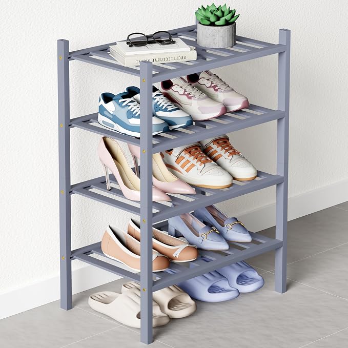 Smiry Bamboo Shoe Rack for Closet, 4 Tier Small Wooden Stackable Shoe Organizer by Smiry