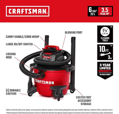 Craftsman CMXEVBE17584 6 Gallon 3.5 Peak HP Wet/Dry Vac, Portable Shop Vacuum - Image 2