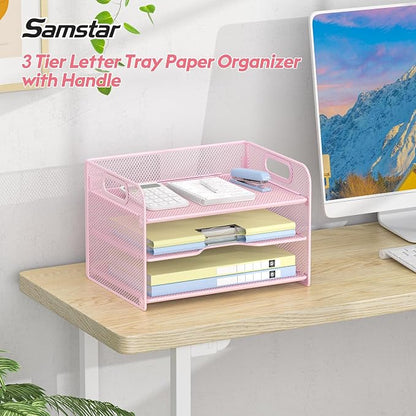 Samstar 3 Tier Pink Letter Tray Paper Organizer - Image 2