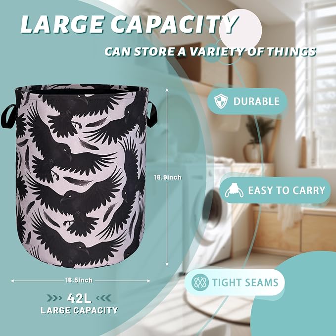Black Birds With Feathers Laundry Hamper With Handles Foldable Oxford Cloth - Image 2
