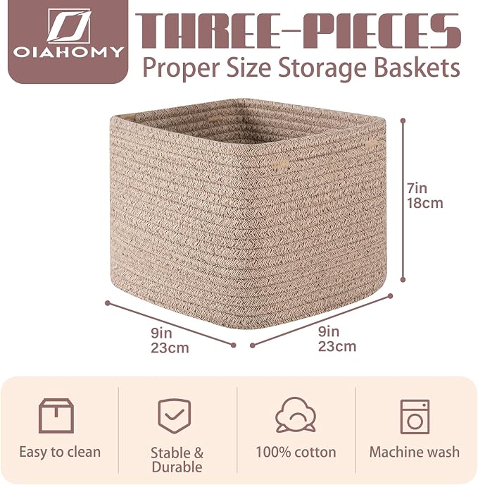 OIAHOMY 9”x9”x7” Storage Cubes, Cotton Rope Woven Baskets - Image 2