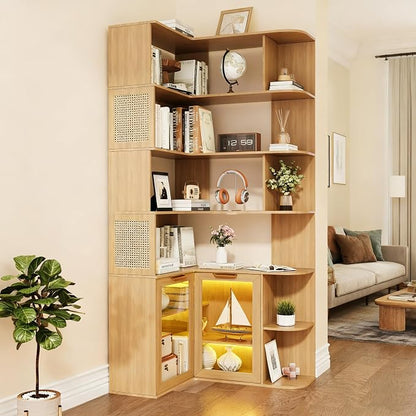 Corner Shelf with Storage Cabinet, 7-Tier Corner Bookshelf, Farmhouse L Shaped - Image 5